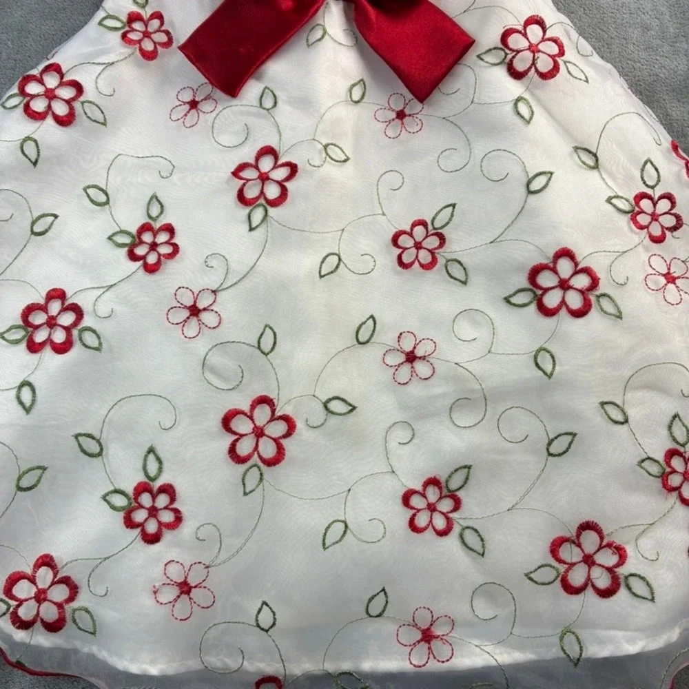 Youngland Girls White Red Floral Embroidered Dress Ribbon‎ Bow Party Size 5